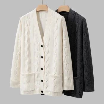 2023 Nou Toamna și Iarna Gros-knit Cashmere Tricotate V-neck Cablu Butonul Cardigan Femei