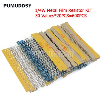 600PCS 1/4W 1% 30 Valori*20BUC Metal Film Rezistor Sortiment Kit Set Pachet de Electronice Diy Kit Rezistor