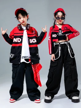 Dans Hip-Hop Performanță Costume Pentru Copii Red Sacou Negru, Pantaloni Largi Fete Costum de Streetwear Băieți Dans Jazz Haine DQS14521