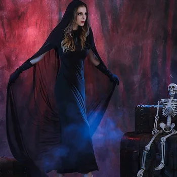 De Halloween pentru Adulti Cosplay Medieval Gotic Întuneric Costum de Vrăjitoare Rele Regina Vampir Costum Tul Capișon Pelerină Neagră Plasă de Partid Rochie de până