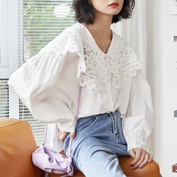 Design Hollow Out Dantelă Guler de Turn-down Tricou Alb Femei Elegante, Bluza Vrac Moda coreeană Vintage Bluze si Topuri 27678