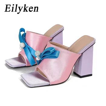 Eilyken Noua Moda Silk Square Toe Femei Papuci de Vara de Fluture nod Solid Pantofi cu Tocuri de Designer Slide Sandale
