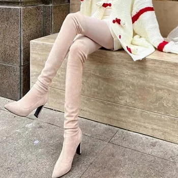 Femei over-the-genunchi cizme tocuri ascuțite, Toamna și iarna noi de pantofi pentru femei de caise piele de căprioară slabă cizme înalte de calitate 8.5 cm