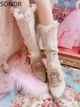 Femeii a Subliniat Toe Coapsă Genunchi Ridicat Cizme Dantela Indesata Toc Pantofi de piele de Căprioară Piele Printesa Lolita DIY Fete Dulci X-mas Cadou Nou