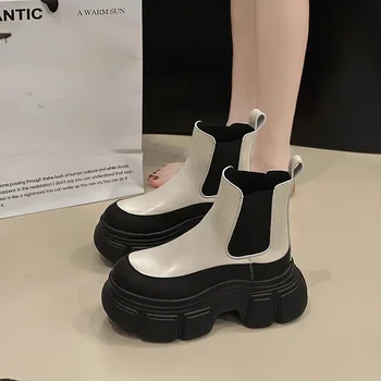 Glezna Cizme pentru Femei 2023 Nou Alb Negru Amestecat Culori de Moda pentru Femei Cizme Înălțime-creșterea Gros Unic Runda Toe Pantofi Femei
