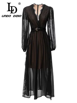 LD LINDA DELLA 2023 Vara Pista de Designer Rochie de Epocă Femei Dantelă Neagră V-Gât Curea Transparent Drapat Șifon Dress