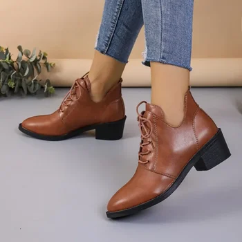 Pantofi pentru Femei 2024 Moda Dantela Sus Pompe de Femei Toamna a Subliniat Toe Platforma Solida Tocuri Indesata Profesie Pompe de Pantofi Doamnelor