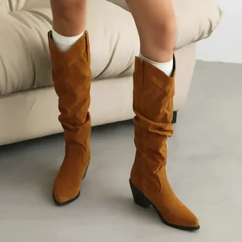 Pletaed Model Kneehigh Vest Cizme De Cowboy Pentru Femei De Mari Dimensiuni 46 47 48 Rotund Toe Tocuri Indesata Feminin Cald Concis Pantofi