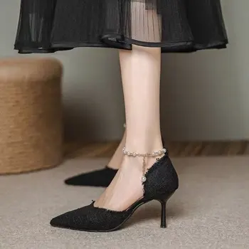 Sandale Cu Paiete Bumbac Știri Stil De Gol Pompe Subliniat Toe Stilet Tocuri Perla Curele Versatil Gratioase Femei Pantofi Plus Siz 43