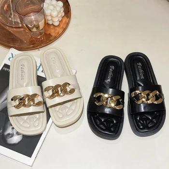 Sandale pentru Femei 2023 Vara Lanț Nou Decor Plat Slide Fashion Elegant Lux Concis Pantofi Casual în aer liber, Papuci de Plaja