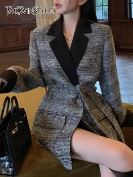 TWOTWINSTYLE Negre Casual Tweed jachete Pentru Femei Crestate Guler Maneca Lunga Mozaic Dantelă Sus Temperament Strat de sex Feminin Nou