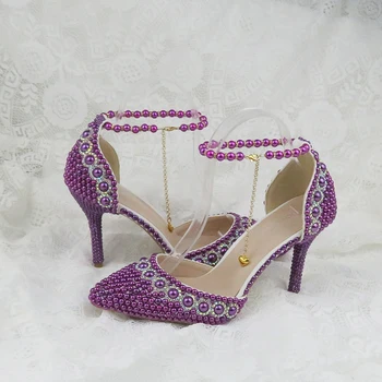 Vara a Subliniat Toe Femei Sandale de mireasa curea Glezna cu Cataramă pantofi Violet Pearl de pantofi și sac set rochie de Petrecere pantofi Dantela-Up Lanț