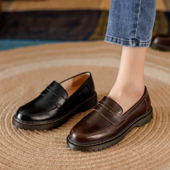 Vintage Piele Lefu Pantofi Pantofi Plat engleză Simplu pentru Femei Pantofi de Piele Maro Negru