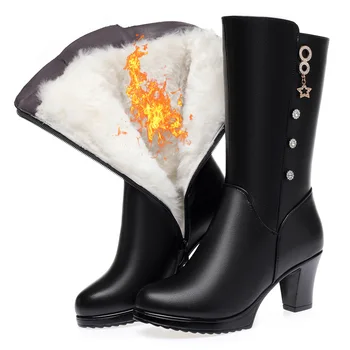 ZXRYXGS Pantofi de Brand Femeie Mijlocul Lungime de Zăpadă Cizme din Piele Stras Lână Femei Cizme de Moda Tocuri Groase Plus Dimensiune 2023