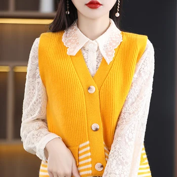 100% lână pură vesta femei de primăvară noua moda cardigan contrast tricotate vesta fără mâneci pulover de cașmir