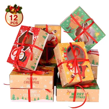 12Pcs Crăciun Cookie Cutii de Biscuiti Cutii de Crăciun Tratează Favoruri de Partid Cutii cu Fereastra Kraft Hârtie de Cadou Cutii pentru Tort de Crăciun