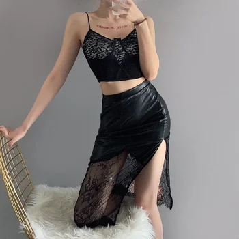 2023 Moda Elegant Doamnă Birou PU Negru din Piele Dantela Mozaic Fusta Maxi pentru Femei Club de Petrecere Strada Talie Inalta Fusta Lunga