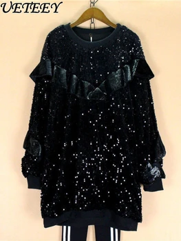 2023 Nou Toamna Iarna Noi Catifea Neagra Cu Maneci Lungi Tricou Grele Paiete Liber Supradimensionate Mid-Lungime Pulover Hoodie Coat Pentru Femei