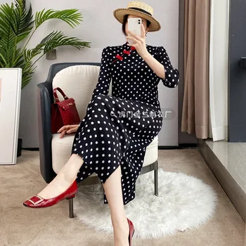 2023 Nouă Primăvară Rochie De Vara Femei Polka Dot Print Stand Guler Negru Subțire Butonul Cutat Modificat Cheongsam Fusta Elegant