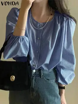 2023 VONDA Femei de Moda cu Dungi Camasi Topuri cu Maneci Lungi Gât Rotund Butoane Toamna Bluza Casual Elegant Liber Blusas Streetwear