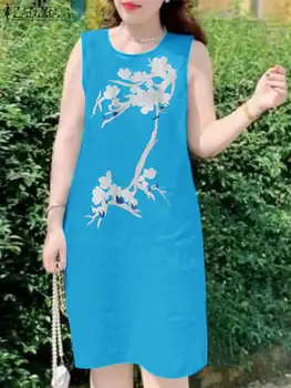 2023 ZANZEA Casual de Vară fără Mâneci rochie de vară Boem Florale Imprimate Rochie de Vacanță O-Gât Vestidos Elegant OL Genunchi Lungime Roba