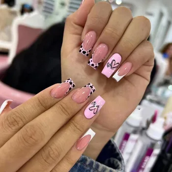 3D unghii false set faux ongles pătrat scurt, sfaturi de inima roz Lapte dungi modele manichiura DIY accesoriile apăsați pe unghii false