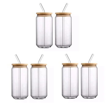 [ 6 buc Set ] Cupe de Sticlă Cu Bambus Capace de Sticlă Și Paie - cutie de Bere în Formă de Pahare de Băut, 16 Oz Cafea cu Gheață Ochelari