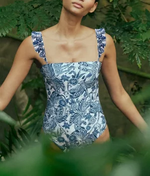 Albastru Imprimat-O Bucată de costume de Baie si Fusta cu Talie Înaltă Subțire Curea Bikini Sifon Elastic Elastic Plaja Fusta Trendy Elegant 2022