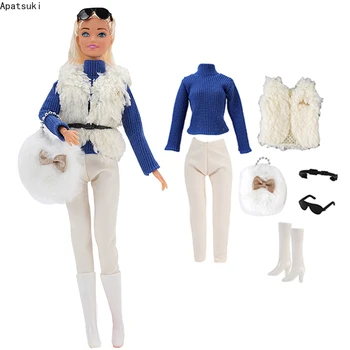 Albastru Tinute Pentru Papusa Barbie Haine Set De Înaltă Gât Pulover Alb Haina Pantaloni Cizme Sac De Curea Ochelari De Soare 1/6 Papusa Accesorii