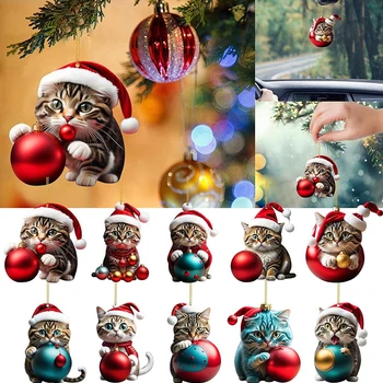 Amuzant 2D Acrilice Cat Deține Minge de Crăciun Agățat Decoratiuni Ornamente de Crăciun Copac Xmas Mașină de Animale de Imprimare Pandantiv Cadou