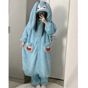 Anime Imprimare Moale De Pluș Pijamale Costum Kawaii Coral Fleece Cu Gluga Halat De Noapte Lung Pantaloni Set De Doua Bucati Pentru Femei Plus Dimensiune Homewear