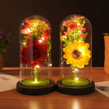 Artificiale de Trandafir Flori de Simulare a Crescut Floarea-soarelui Capac de Sticlă Decor Creativ Cadou De Craciun Cadou de Ziua Îndrăgostiților