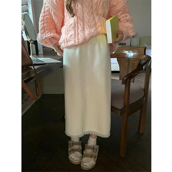 Casual Elastic Talie Mare Tricotate Fuste Femei Toamna anului 2023 Iarnă Elegant Ciucuri Lungi Pulover, Fuste Femei îmbrăcăminte coreeană