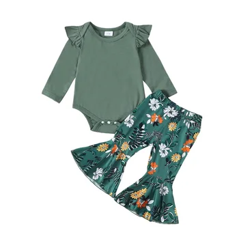 Copil Nou-Născut Fetița Floral Pantaloni Evazati Haine Set Ruffle Sleeve Romper Pantaloni De Costum Verde De Măsline