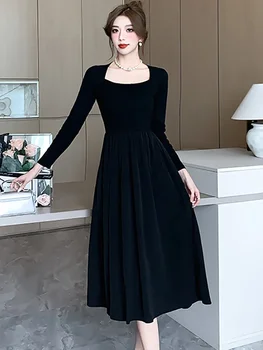 Coreea De Epocă Hepburn Rochie Lungă Neagră 2023 Negru Cu Maneci Lungi, Guler Pătrat Ciufulit Halat Femei, Elegante, Casual, Office Lady Dress