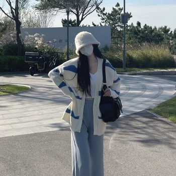 Coreean Toamna V-Neck Butonul Up Cardigan Femei Colegiul Stil Tricot Contrast De Culoare Cu Dungi Pulover Supradimensionat Picătură De Transport Maritim