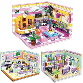 Creative Mini Camera Bucatarie Dormitor Blocuri Oraș Prietenul Casă De Joacă Set Apartament Model Adune Caramizi Fata In Miniatura Jucărie