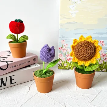 Croșetate Artificiale de Floarea soarelui, Trandafir Lalea Desktop Mic Ornament DIY Cadou de Simulare Bonsai Ghivece cu Flori Decor Acasă