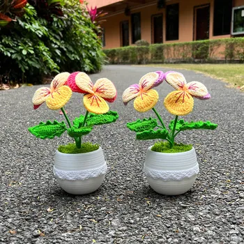 Croșetate Flori Trei Frați Pătați Bonsai Plante Artificiale De Mână-Tricotate Drăguț Cadou Pentru Femei Acasă, Masă Cameră Desktop Accesorii Decor