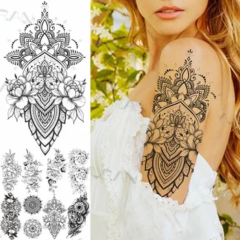Dantelă Flori Henna Tatuaje Temporare Pentru Femei Adulte Realist Mandala De Floarea-Soarelui Șarpe Tatuaj Fals Inserați Codul Impermeabil Tatuaje