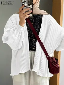 De primăvară Elegant cu Maneca Lunga Deschisă Față de Musulmani Topuri Solid Cutat Bluza Haine Islamice 2024 ZANZEA Femei de Moda Cardigan Abaya