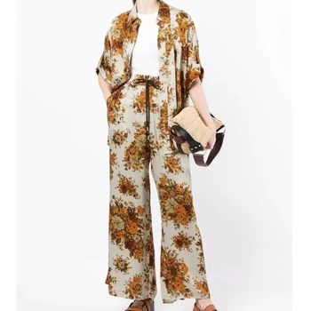 De Vânzare La Cald 2022 Mai Recente Galben Imprimeu Floral Maneca Scurta Pantaloni Costume Femei Seturi