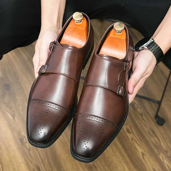 De zi cu zi Călugăr Pantofi Barbati PU Mozaic Dublu Buton Culoare Solidă Toc Scăzut de Afaceri Pantofi Rochie Clasic, Versatil Banchet Barbati Pantofi