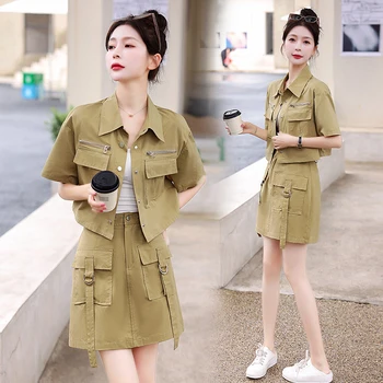 De Înaltă Calitate Coreea Trendy Stil Safari Costume De Vară De Moda Sacou Scurt Haina + Fuste Femei 2 Piese Haine Cu Mâneci Scurte