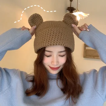 Drăguț Urechi de Pisică Căciulă de Lână Femei țesute de Mână Tricotate Pălărie de Iarnă Sălbatice Versiunea coreeană De Urechi de Urs Rece Pălărie Trend