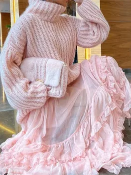 Elegant Solid mesh Knit Patchwork Rochie Maxi de Femei de Moda de Înaltă Guler Maneca Lunga Rochii Plisate Doamnelor Cald de Înaltă Streetwear