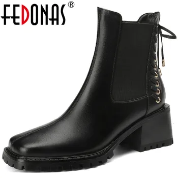 FEDONAS Femei de Moda Cizme Glezna Square Toe Tocuri Groase Curea Subțire de Metal Decor din Piele Pantofi Femei Toamna Iarna