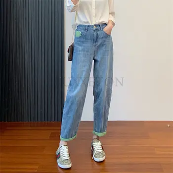 Femei Blugi de Moda Noua Mozaic Verde Albastru Harem Pantaloni Talie Inalta din Bumbac Denim Pant coreean Doamna de zi cu Zi Joker Pantaloni