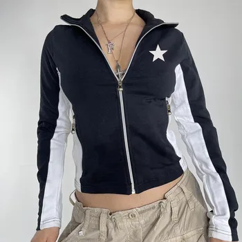 Femei de Primavara Toamna Haine Casual Montate Haina cu Maneci Lungi Rever Star Print cu Fermoar Exterioare cu Buzunare Y2K Punk Streetwear