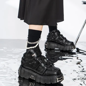 Femei Stil Punk Pantofi din Piele Groasă de Jos Dantela-up Inaltime Toc 6 CM Platforma Goticului Feminin Glezna Cizme PU Metal Decor Adidași
